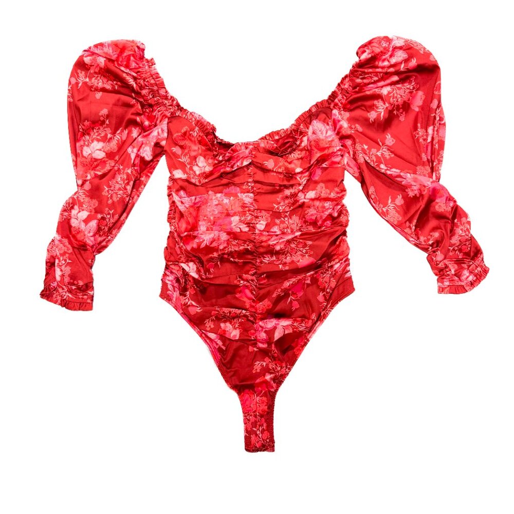 NWT For Love & Lemons Monet Bodysuit Red Floral Puff Sleeves Women's Size XS - Picture 7 of 14
